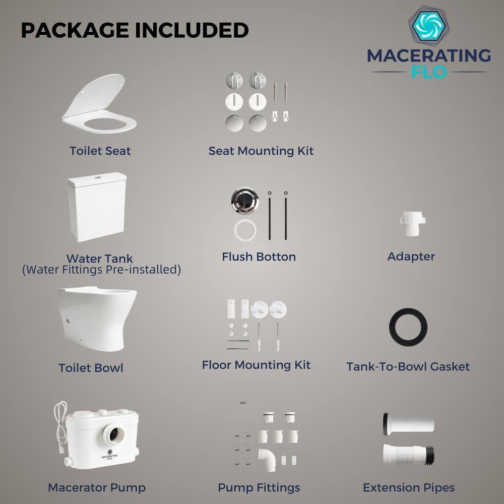 MaceratingFlo ARES 750W Upflush Toilet System, Elongated Bowl & 18" Comfort Height, 4-Inlet Ideal for Basements, Quiet & Efficient Macerator Pump Up to 36 Feet, Easy Installation