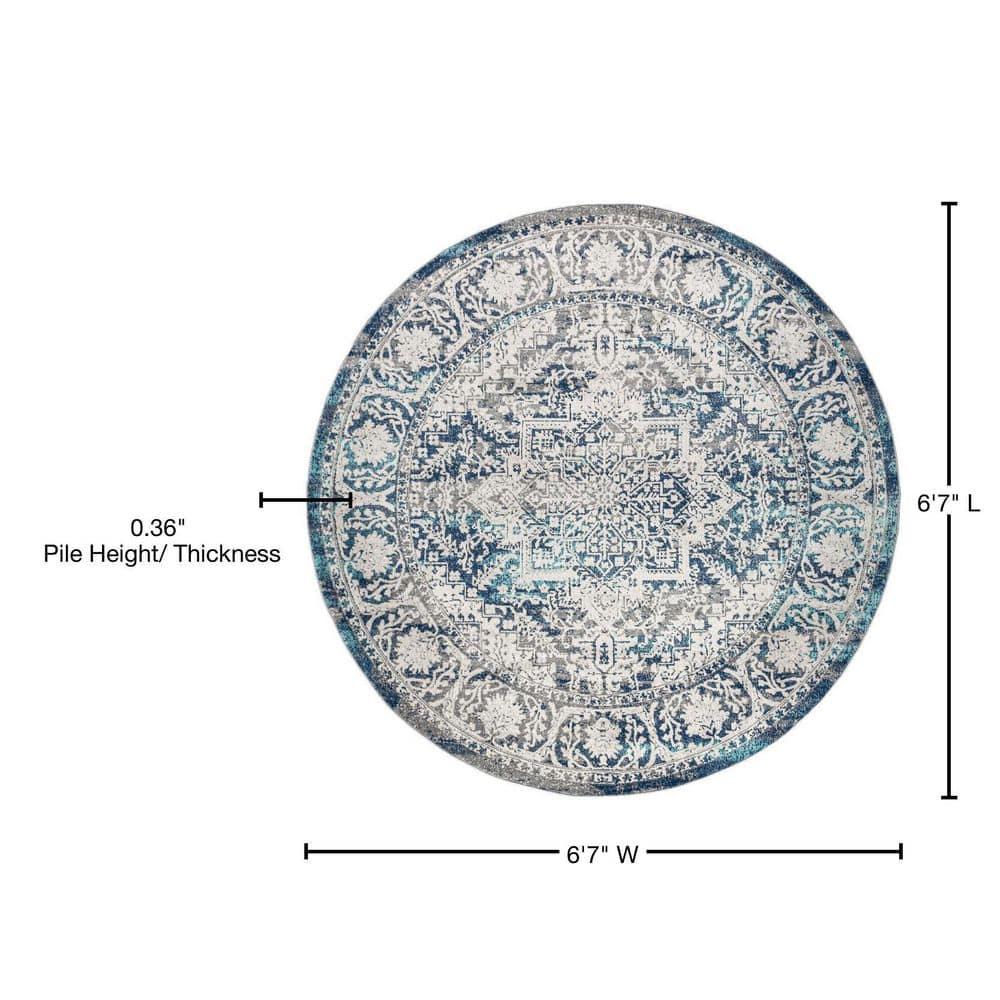 6' round Modern Vintage Medallion Area Rug, Navy /Light Grey - JONATHAN Y