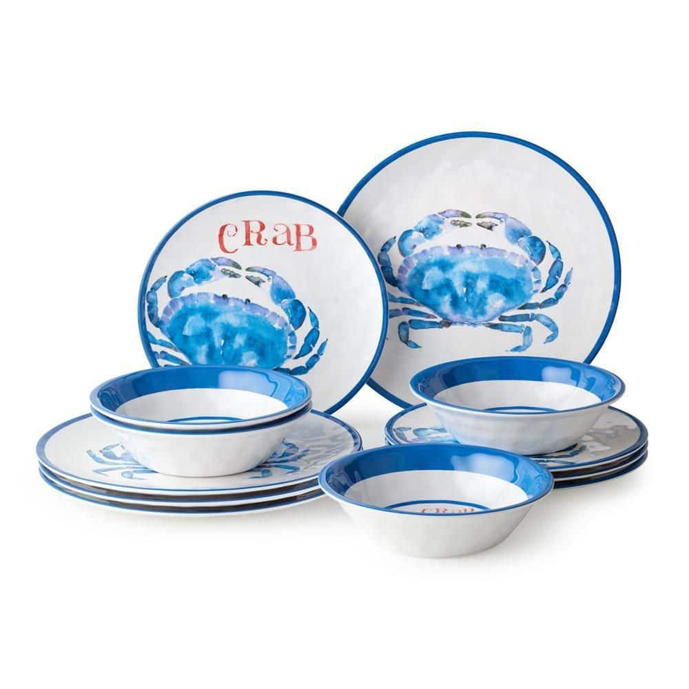 Certified International Beach House Crab 12-Piece Melamine Dinnerware Set – Blue & White Nautical-Themed Plates & Bowls – Shatterproof, Lightweight, and Dishwasher-Safe Coastal Tableware for Indoor & Outdoor Dining