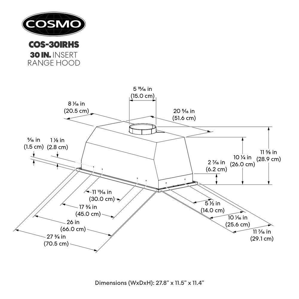 Cosmo 30 in. Lumin Collection Ducted Insert Range Hood, Touch Controls, LED Lights, Permanent Filters, Stainless Steel