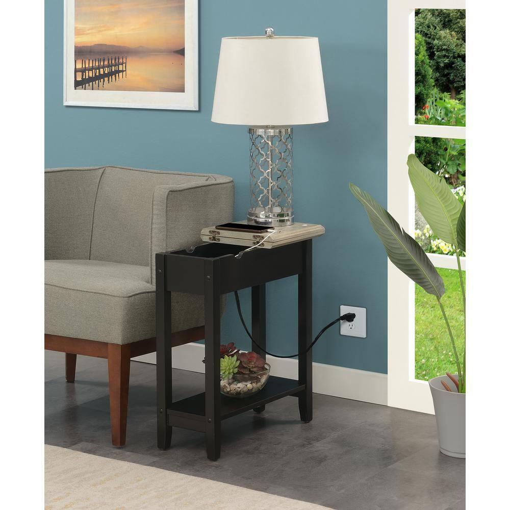 Convenience Concepts American Heritage Flip Top End Table with Charging Station, Faux Birch/Black