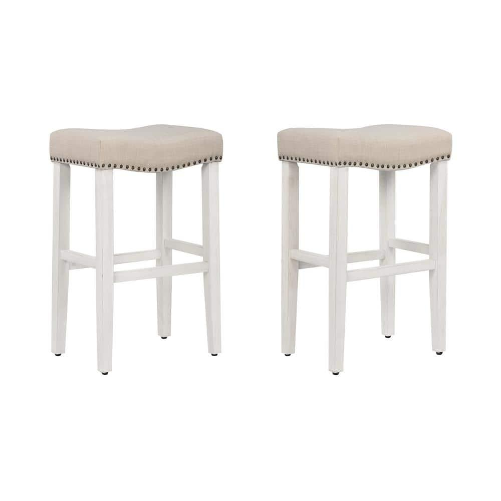 29" Upholstered Nail Head Counter Stool (Set of 2)Antique White/Beige