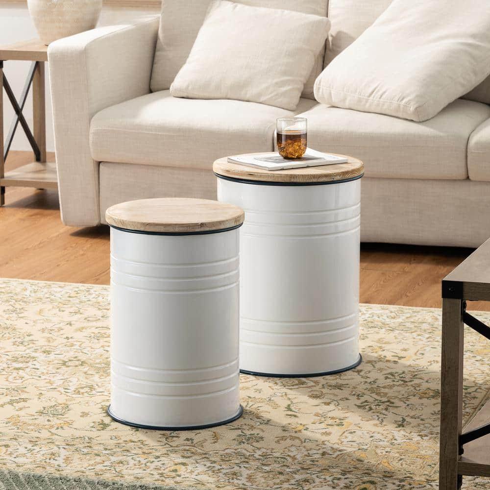 White Metal and Wood Farmhouse Storage Accent Stools, Set of 2