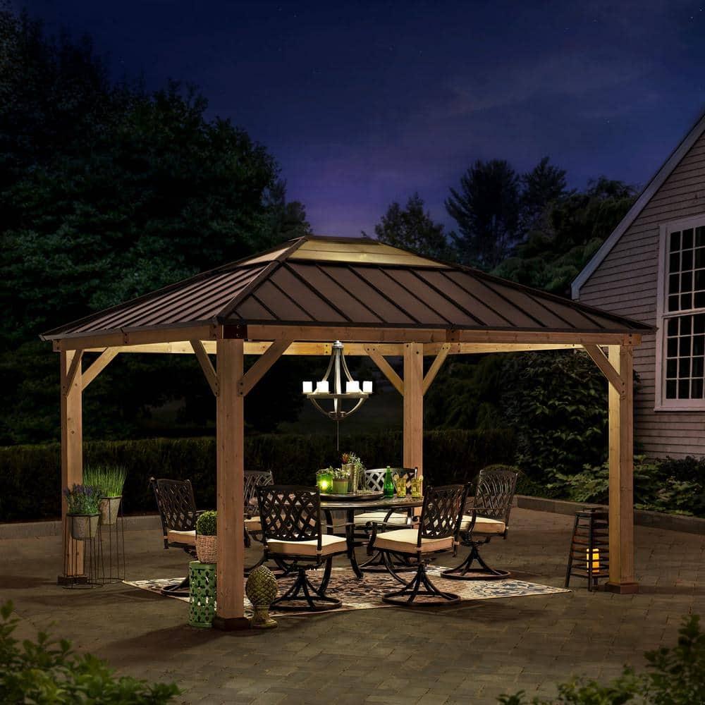 Sunjoy Sunjoy Hardtop Gazebo 11 x 13 ft. Upgrade Cedar Framed Wood Gazebos with Brown Steel and Polycarbonate Hip Roof Hardtop for Garden, Backyard Shade,