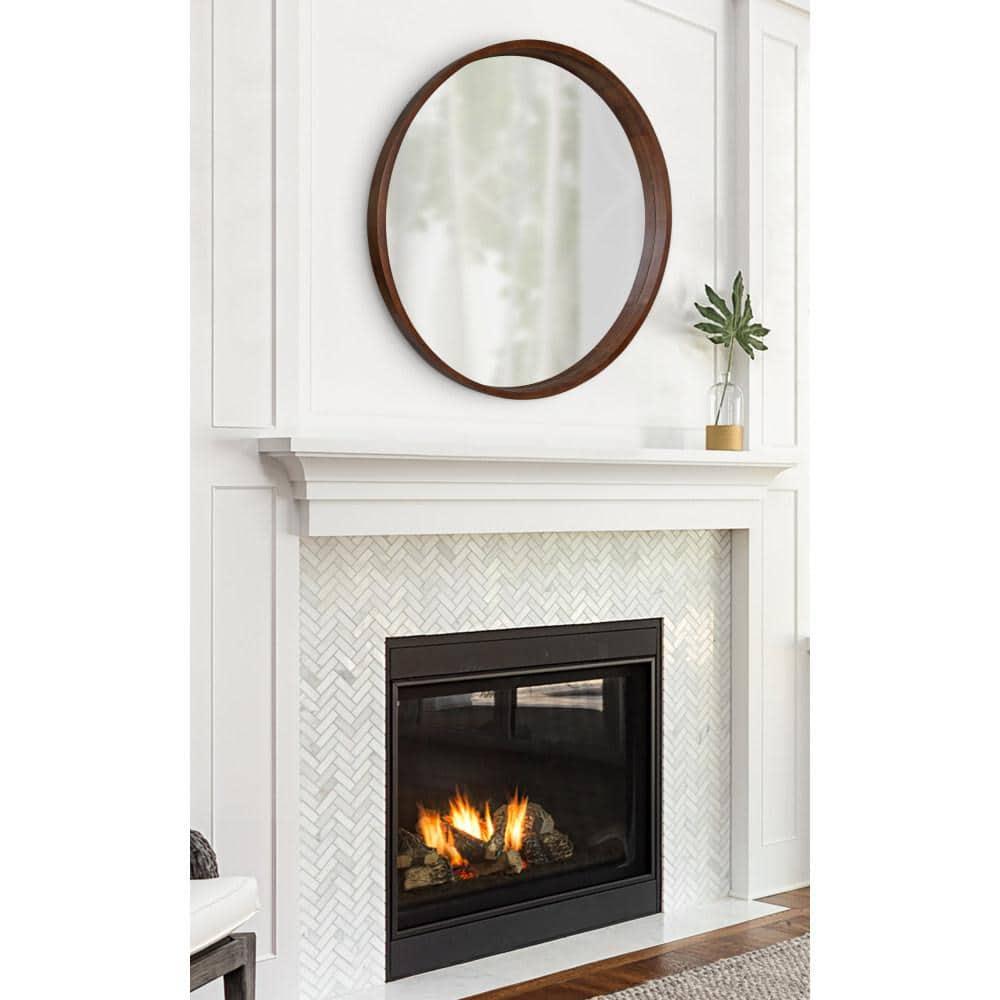 36" Hutton Round Wall Mirror Walnut Brown - Kate & Laurel All Things Decor: Modern Wood Frame, Wall Mount