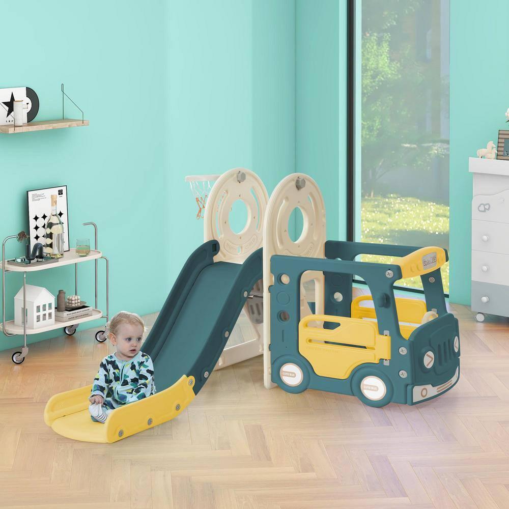 Gzxs Toddler Slide and Swing, Bus Playhouse Freestanding Baby Slide Playset with Basketball Hoop for Indoor Outdoor Backyard Playground (Yellow Bus Slide)