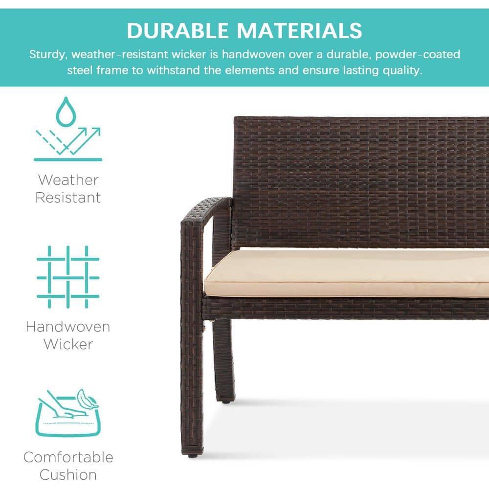 Best Choice Products 2-Person Outdoor Wicker Bench Garden Patio Porch Furniture w/ 700lb Capacity - Brown/Tan