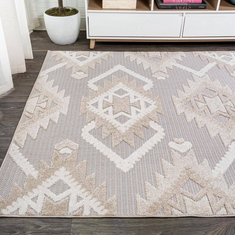 3'x5' Sumak High-Low Pile Neutral Diamond Kilim Indoor/Outdoor Area Rug, Beige/Gray - JONATHAN Y