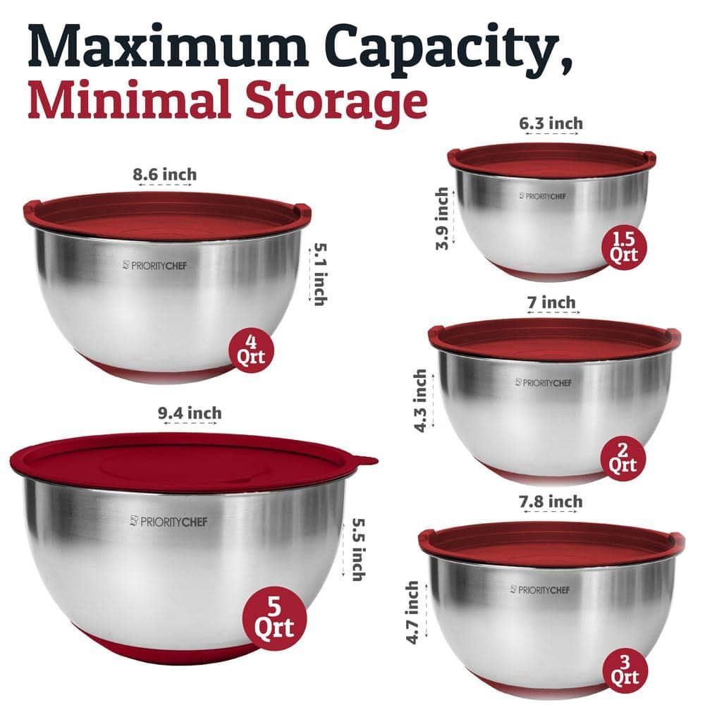 Mixing Bowls with Lids Set - Nesting Bowls with Airtight Lids + Graters - Stainless Steel Non-Slip Mixing Bowl for Baking, (Red, 5-Piece Set)