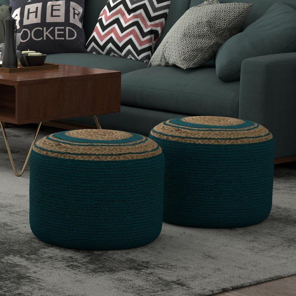Simpli Home Serena 18"W Handcrafted Jute and Cotton Round Braided Pouf