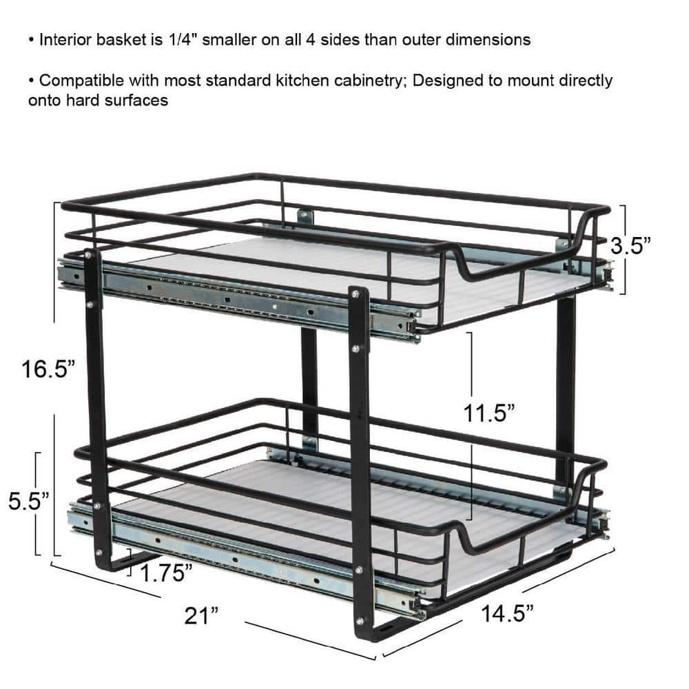 Glidez Multipurpose Paint-Finished Steel Pull-Out/Slide-Out Storage Organizer with Plastic Liners - Dual-Slide 2-Tier Design - Black