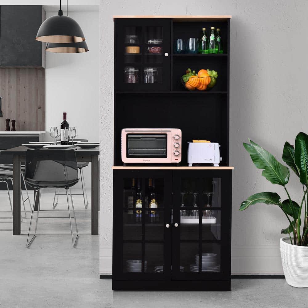 HOMCOM Kitchen Buffet with Hutch, Storage Pantry with 3 Cabinets, 2 Open Shelves and Large Countertop, Black