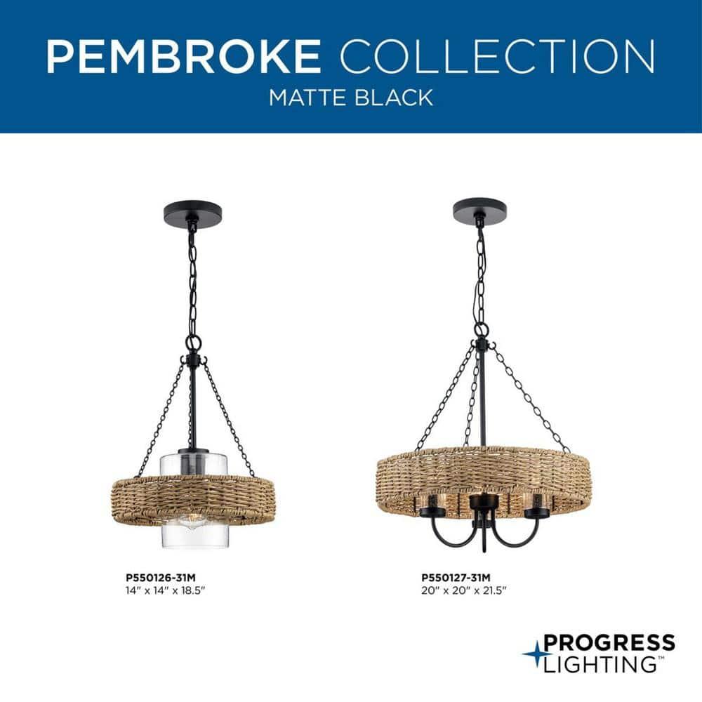 Progress Lighting Pembroke 1-Light Outdoor Wall Light, Matte Black, Rattan and Seeded Glass Shade