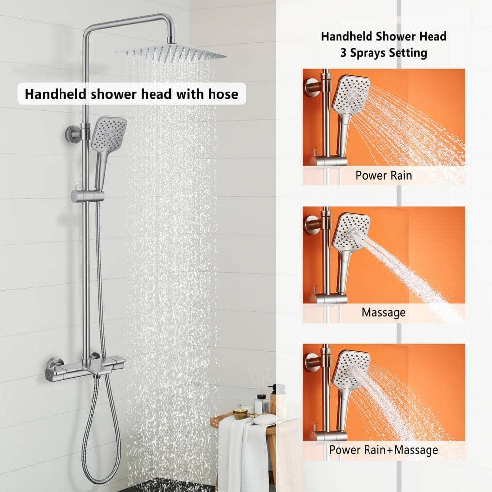 4-Spray Patterns 9.8 in. Thermostatic Tub Wall Mount Dual Shower Heads Shower Faucet in Brushed Nickel