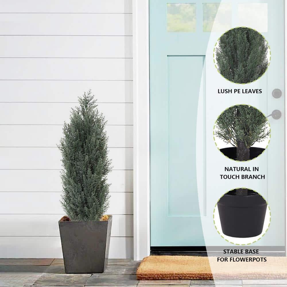 Poetree 2 Pack 3 ft Cedar Plants Outdoor Artificial Topiary Fake Tree UV Resistant Potted Tree for Porch Decor Faux Pine Tree