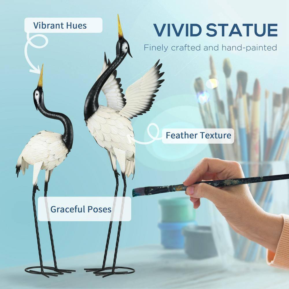 Outsunny Heron Garden Statues, 35.5" & 40.5" Standing Bird Sculptures, Metal Yard Art Decor, Landscape Decoration Set of 2, White & Black