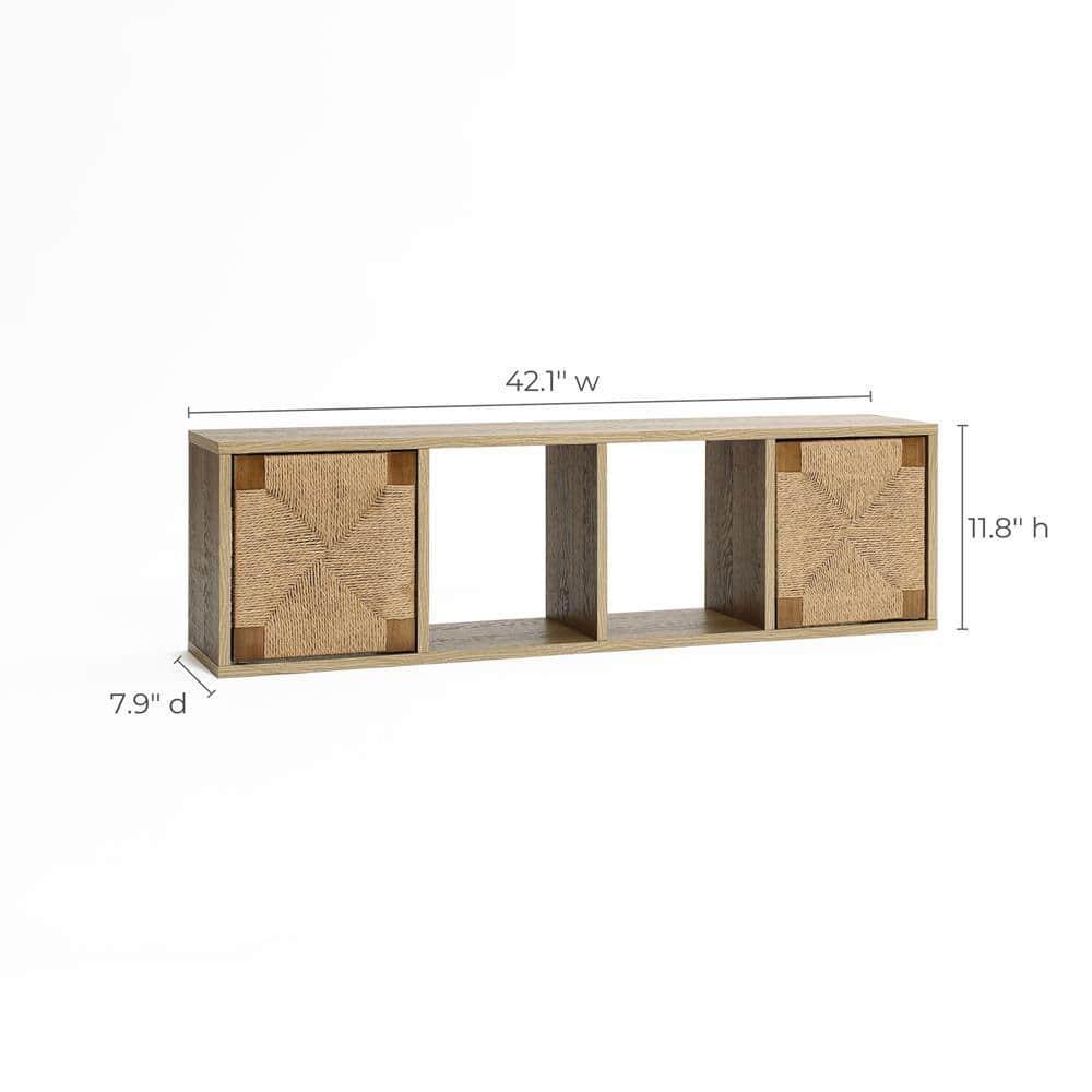 LuxenHome 42'' Mid Century Modern Floating TV Cabinet for Living Room, Wall Mounted Rope Storage Wall Cabinet with 2 Door and Open Shelves Brown