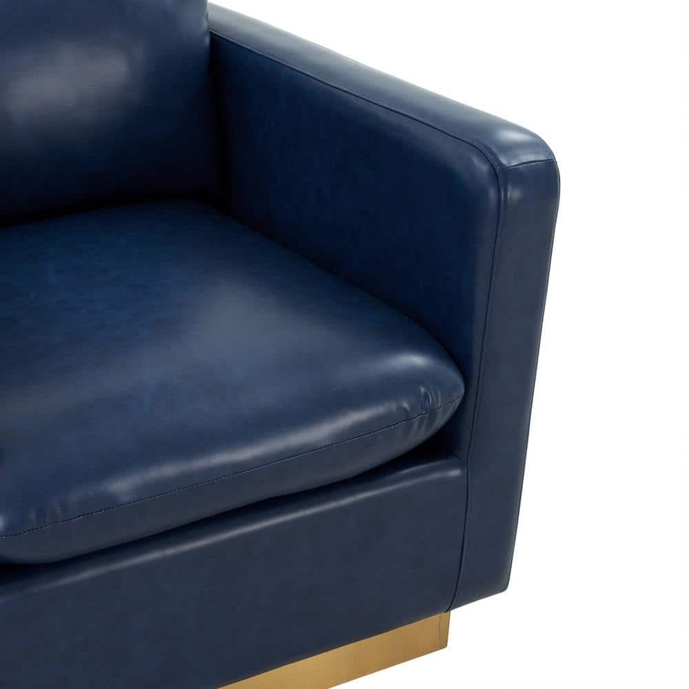 LeisureMod Nervo Modern Leather Upholstered Accent Arm Chair With Gold Frame in Navy Blue