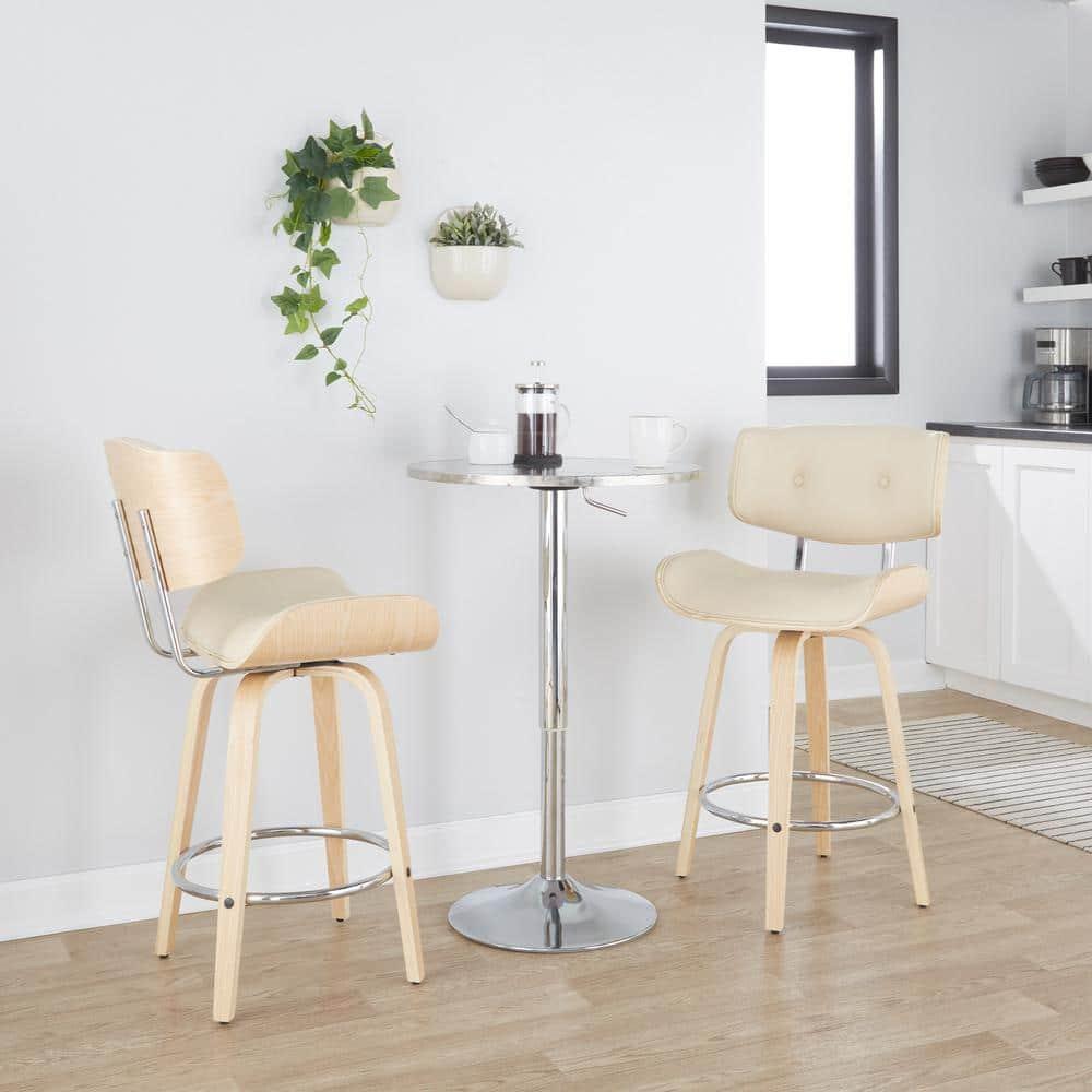 Set of 2 Lombardi Counter Height Barstools Natural/Chrome/Cream: Mid-Century Design, Faux Leather, Wood Frame - LumiSource