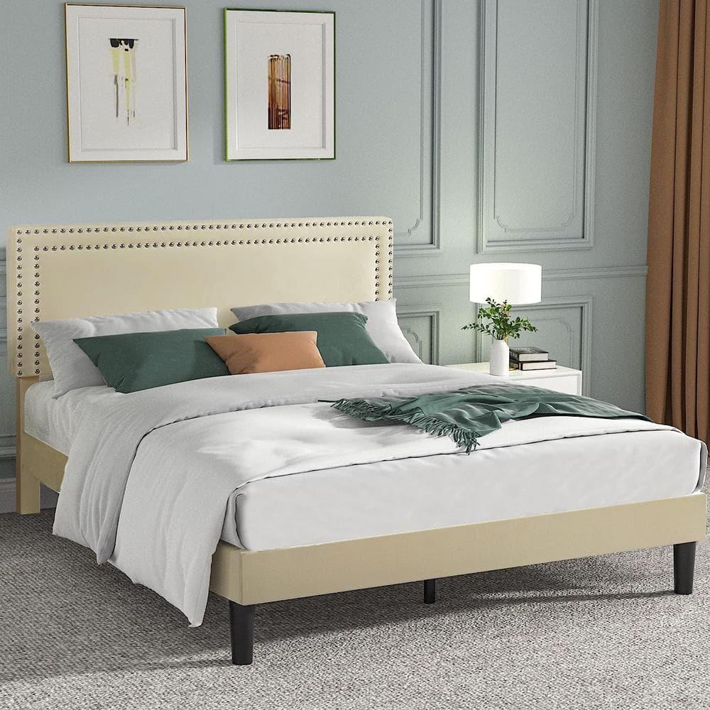 Katkuca Queen Bed Frame, Upholstered Queen Size Platform Bed Frame with Adjustable Headboard, Strong Wood Slat Support, No Box Spring Needed, Beige