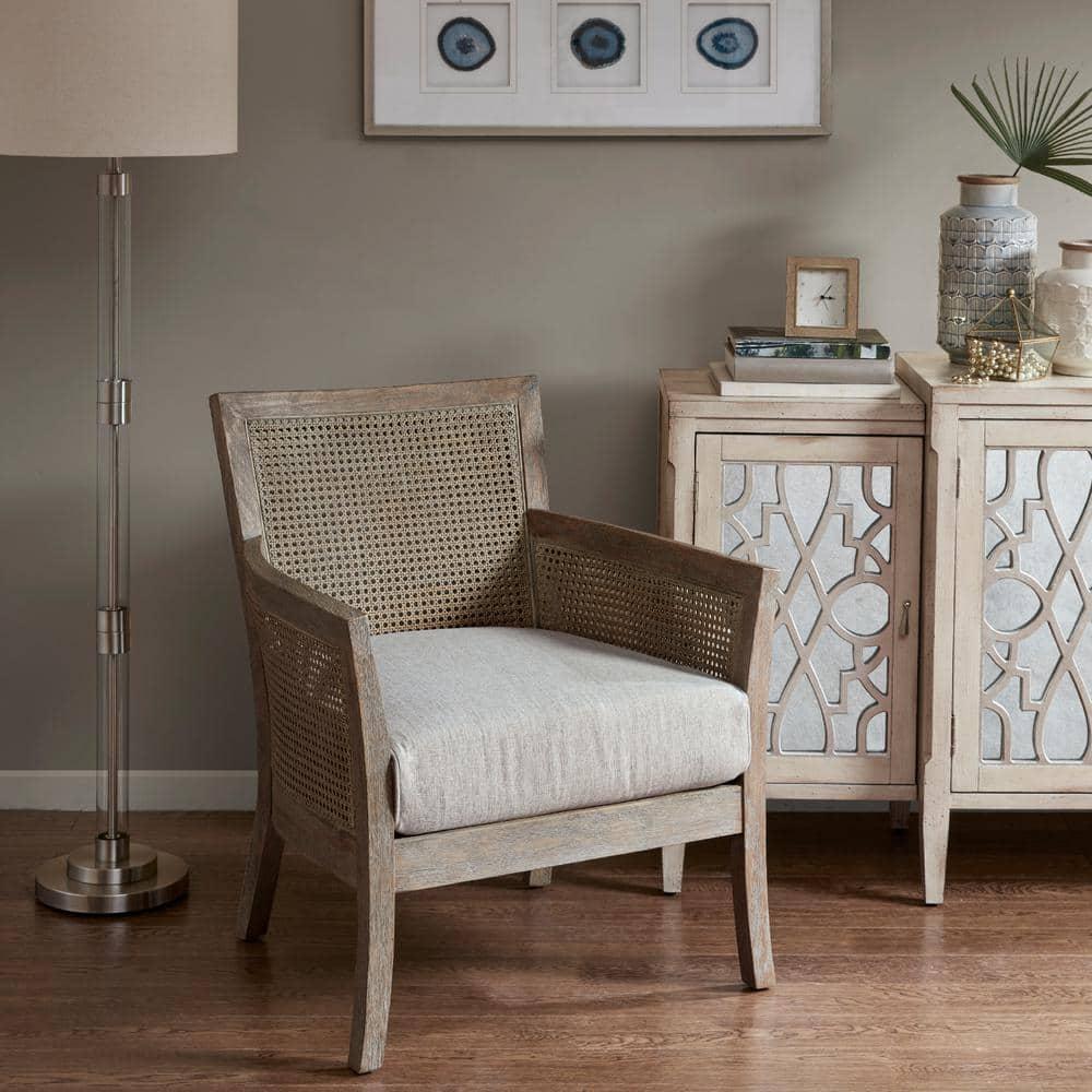 Madison Park Paulie Accent Chair Cream/Reclaimed Natural: Upholstered Wingback, Rubberwood Frame