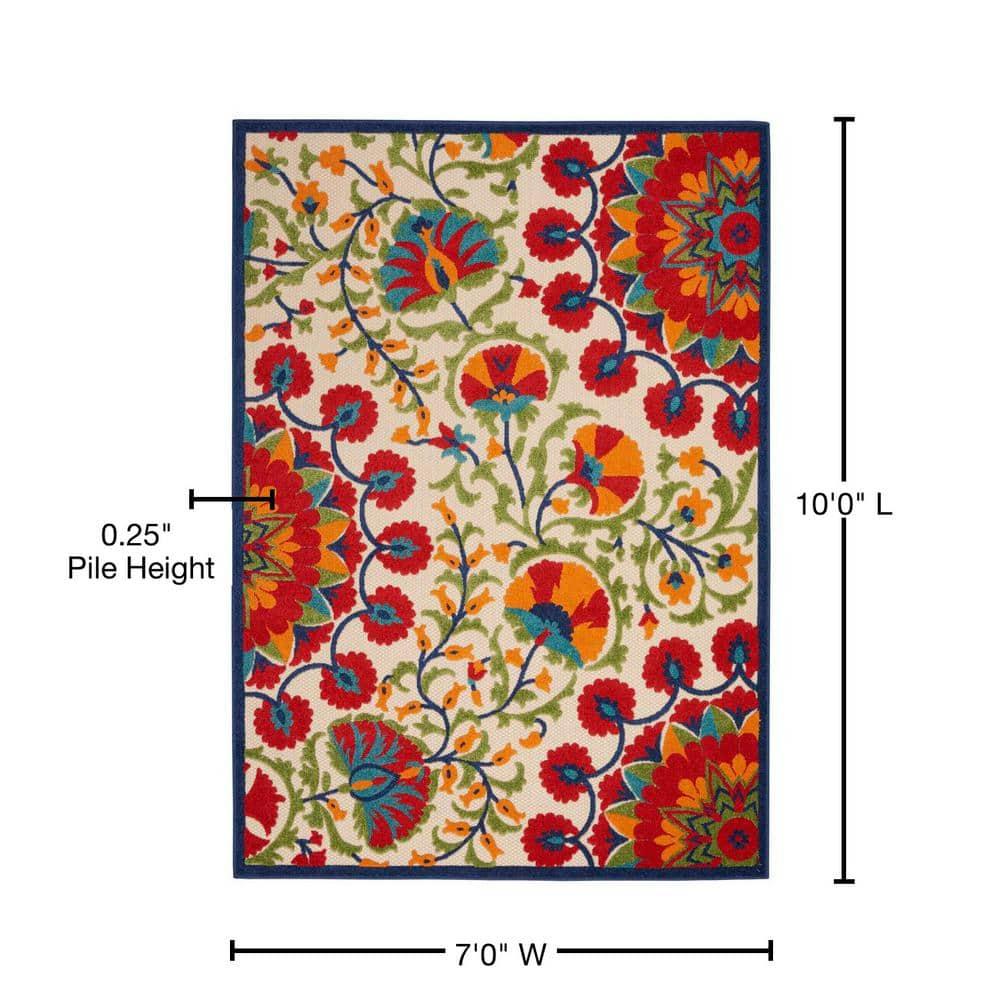 Nourison Aloha Floral Easy Care Flatweave High-Low Indoor Outdoor Area Rug Red/Multi 7' x 10'
