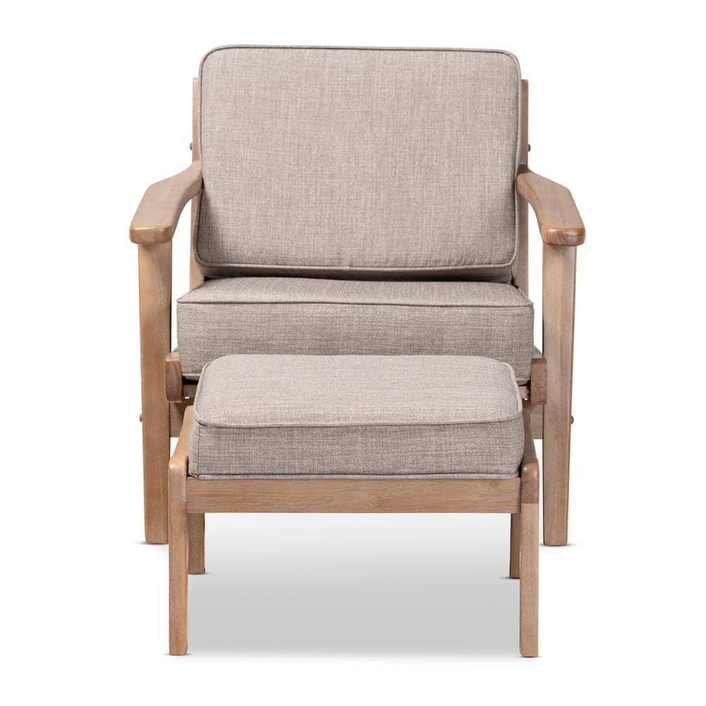 George Oliver Emsworth Mid-Century Modern 2-Piece Antique Oak Finished Armchair and Ottoman Set in Light Grey Fabric