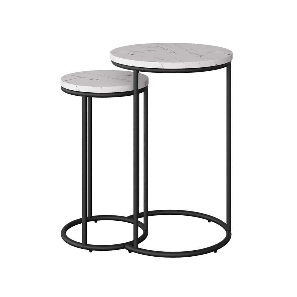 CorLiving Fort Worth White Faux Marble Finish Engineered Wood Round Tall Nesting Side Tables with Black Steel Base