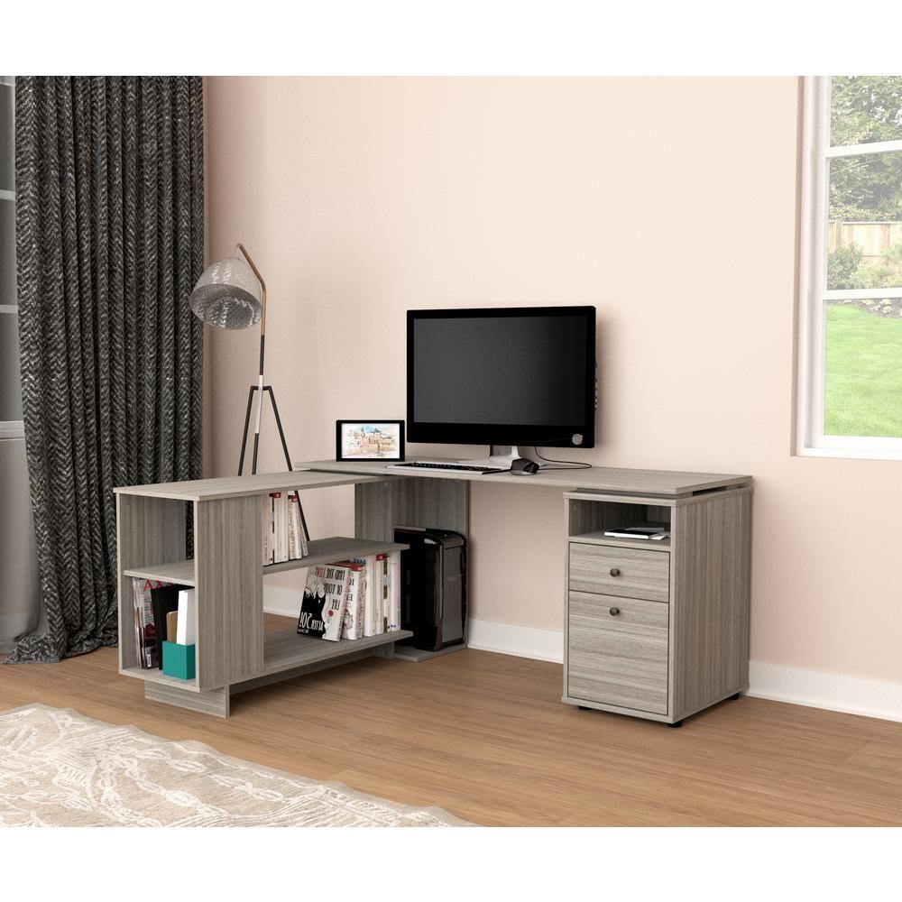 Inval L-Shaped Reversible Computer Desk, Smoke Oak