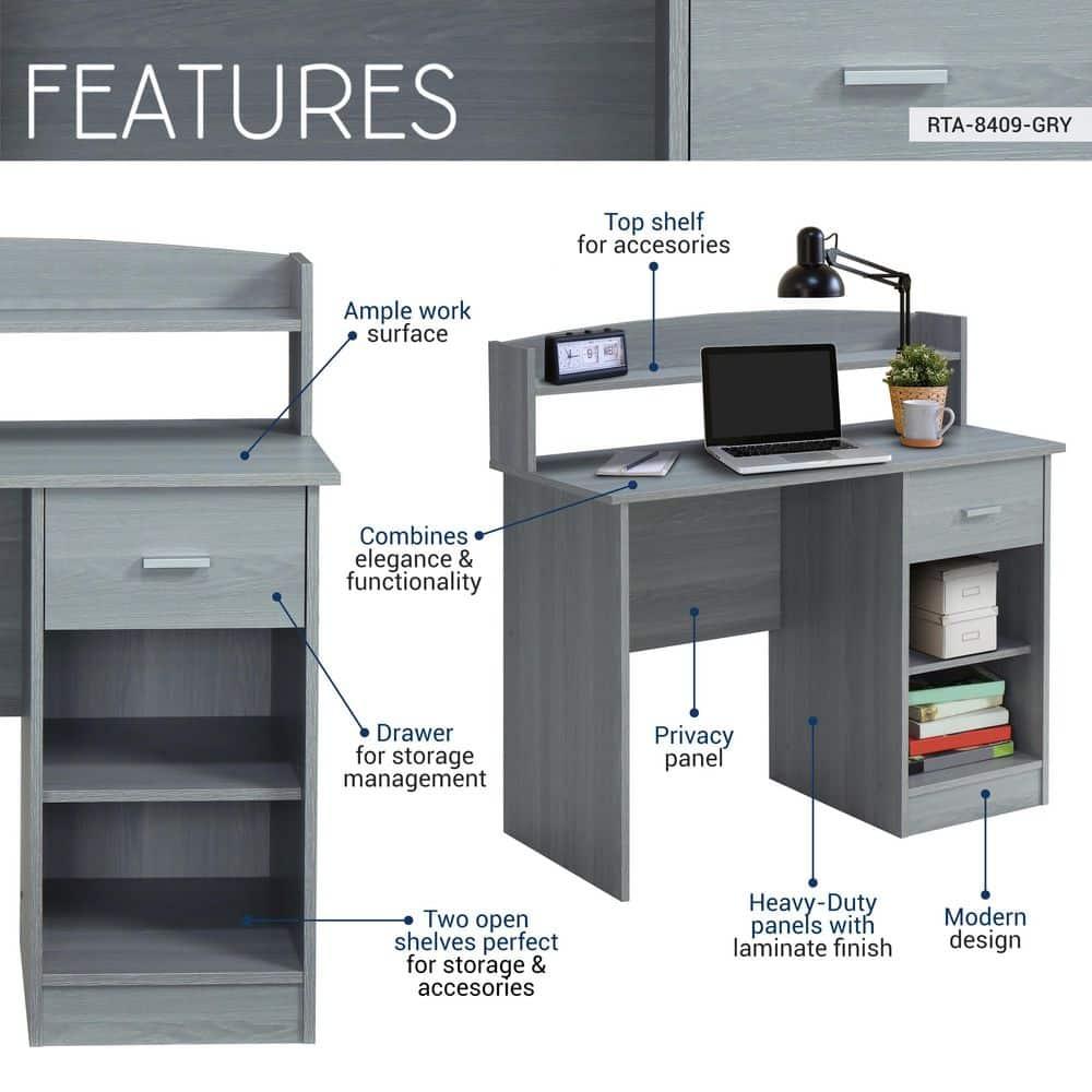 Modern Office Desk with Hutch Gray - Techni Mobili: Laminated Particle Board, Storage Hutch