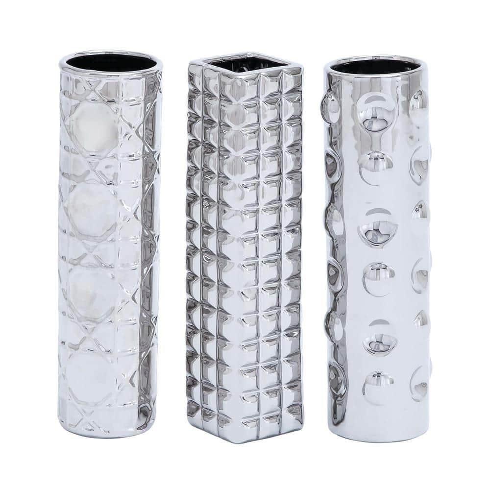 DecMode 4"W, 12"H Silver Ceramic Vase with Varying Patterns, Set of 3