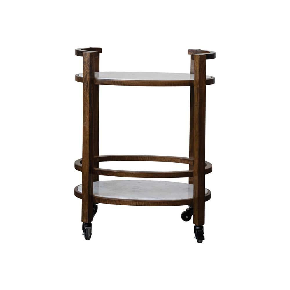 Walnut Finish and White Mango Wood and Marble 2-Tier Bar Cart