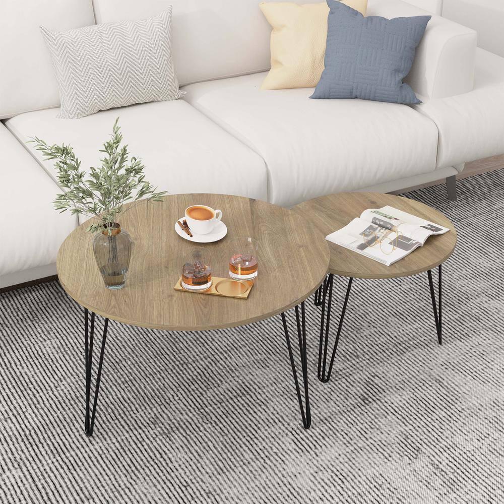 Yesfashion 27.56" Nesting Coffee Table Set Of 2, Modern Round Marble Pattern Wooden Side Tables With Metal Frame, Circular Nesting End Table Set For Living Room