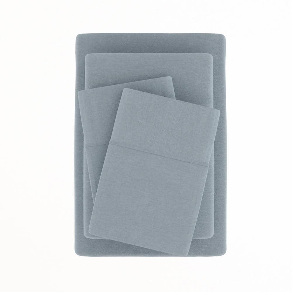 4-Piece Light Blue Solid Linen & Rayon from Bamboo Blend Queen Deep Pocket Bed Sheet Set