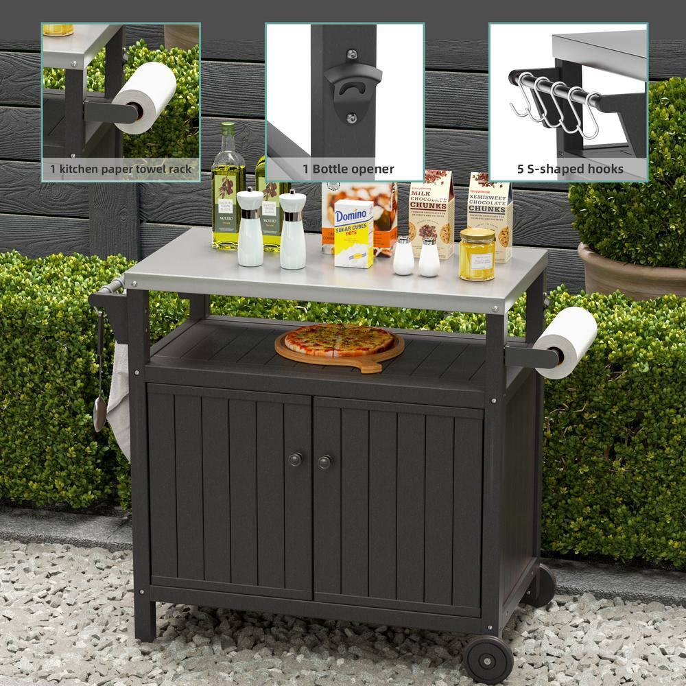 Outdoor Grilling Table with Storage,,Waterproof Outdoor Grill Cabinet,Stainless Steel Tabletop Outdoor Kitchen Island,BBQ Cart with Wheels,Hooks and Side Shelf
