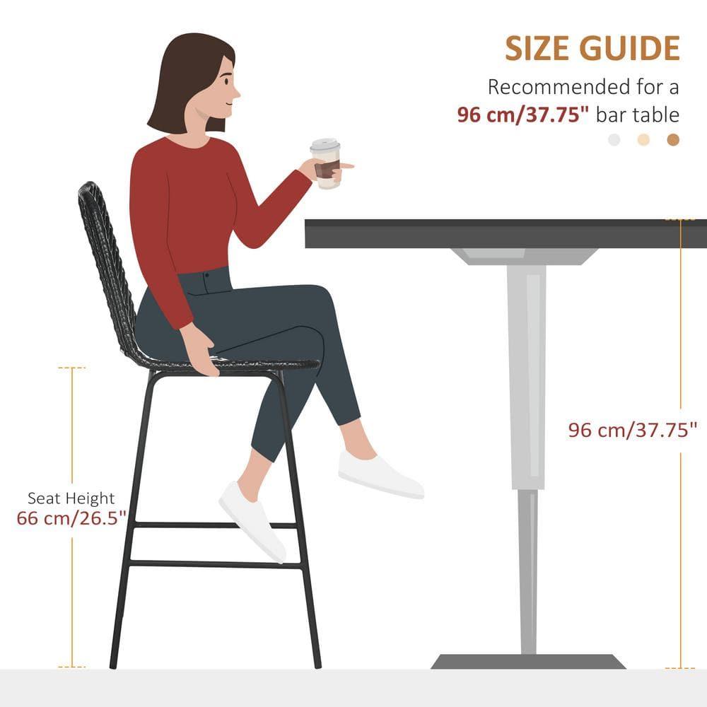 HOMCOM Modern Rattan Bar Stools Set of 2, Breathable Steel-Base Wicker Counter Height Barstools for Kitchen Counter, Black