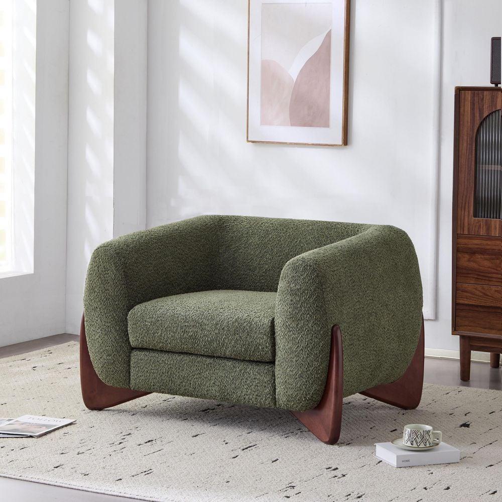 Christopher Knight Home Raymond Birch Wood Boucle Upholstered Club Chair, Olive Green