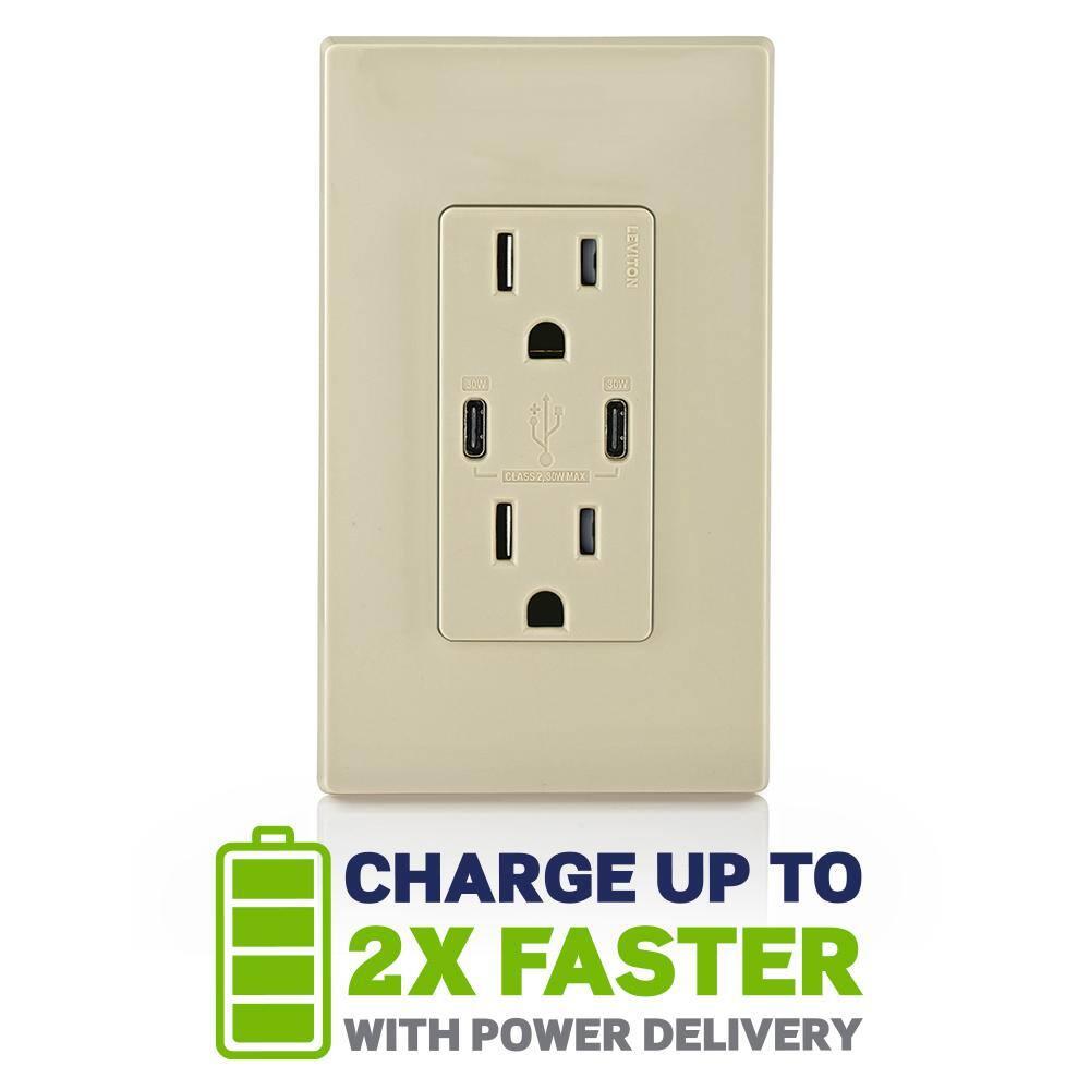Tamper-Resistant T5635-I 15A 125V 30 watts Tamper-Resistant Duplex Outlet USB Dual Type-C with Power Delivery In-Wall Charger, Ivory