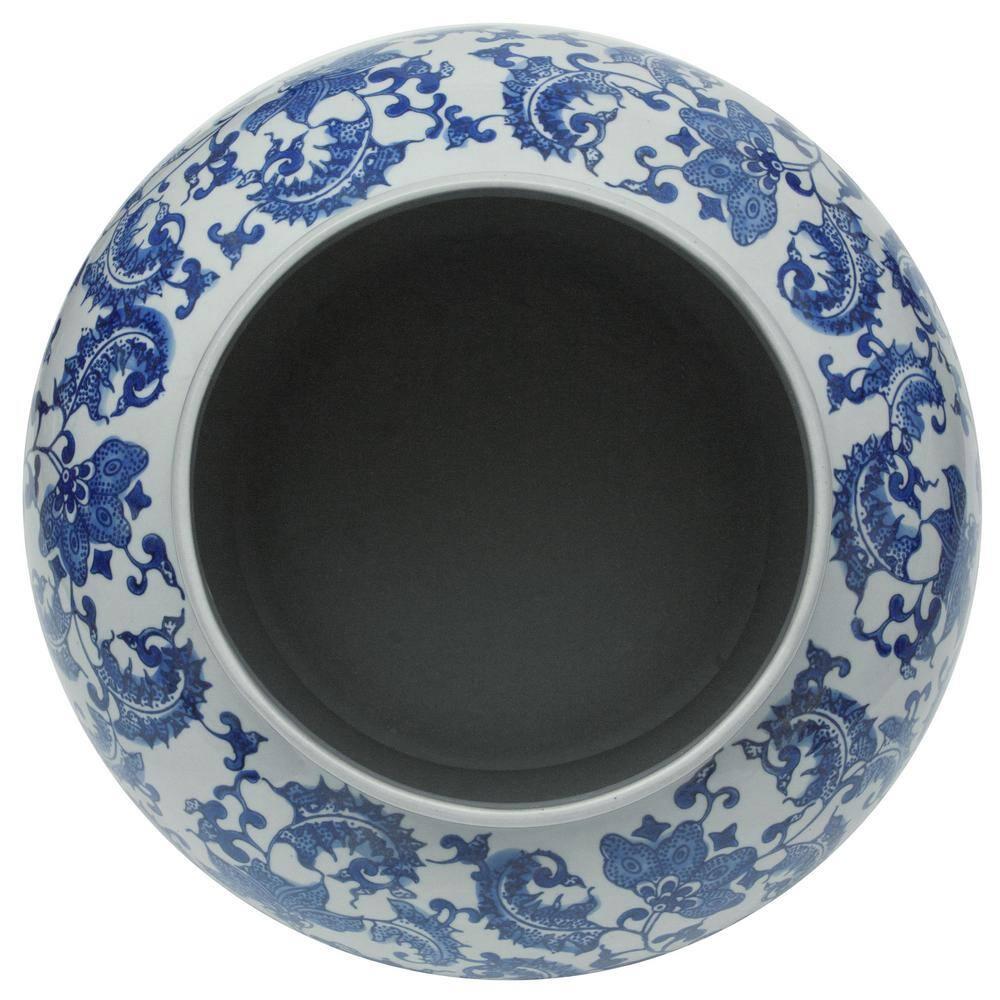 24" Floral Blue & White Porcelain Temple Jar