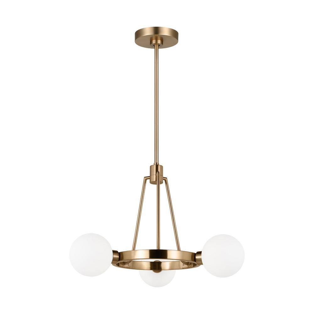 Satin Brass Minimalist 3-Light Chandelier with Milk Glass Shades