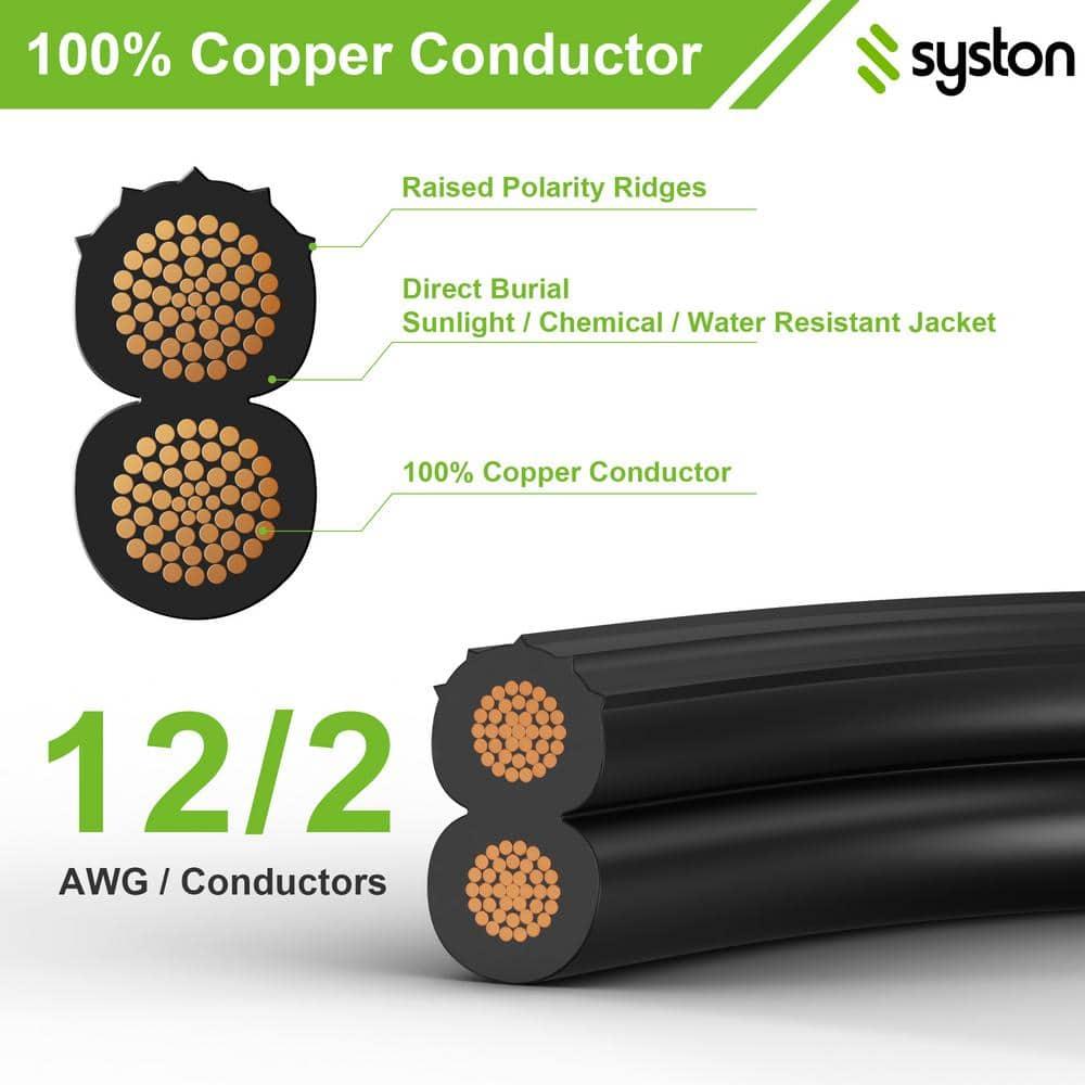 SYSTON 12/2 Low Voltage Landscape Lighting Direct Burial Stranded Wire Cable, 12 Gauge 2 Copper Conductors for Outdoor Spotlight Pathway Lighting and More Low Voltage Applications Use - 100 FT