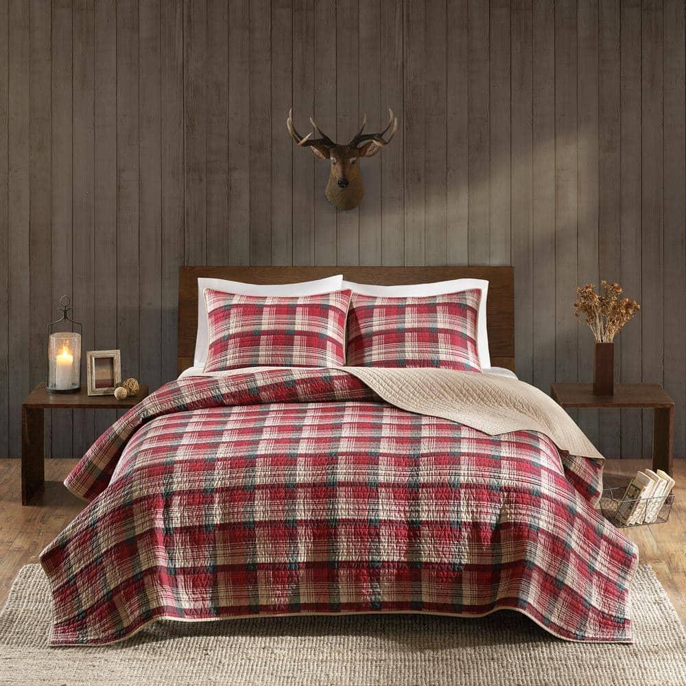 Woolrich Reversible Quilt Cabin Lifestyle Design - All Season, Breathable Coverlet Bedspread Bedding Set, Matching Shams, Oversized Full/Queen, Tasha Plaid Red/Tan 3 Piece