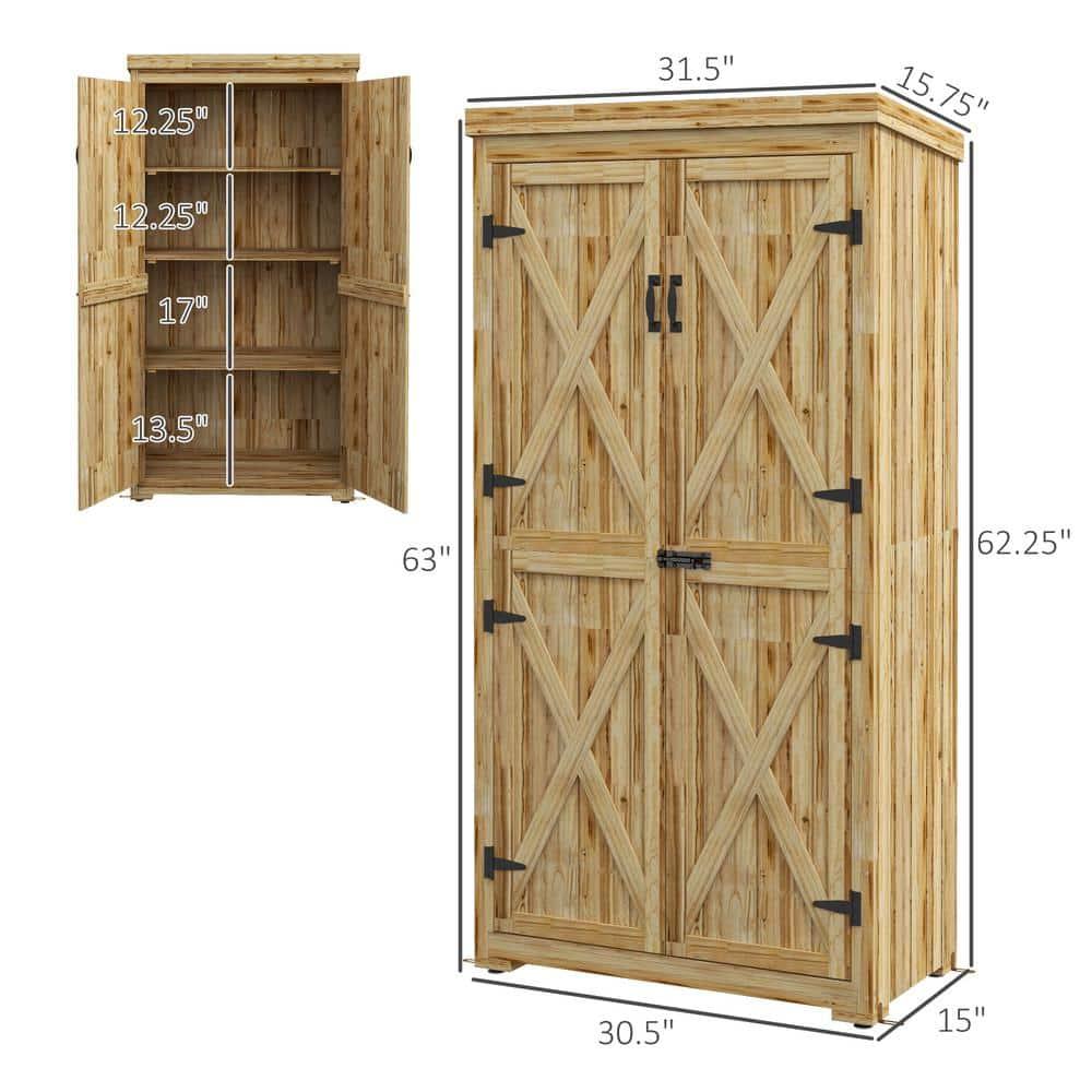 Outsunny Outdoor Storage Cabinet, Wooden Garden Storage Shed with Waterproof Galvanized Metal Roof, Natural