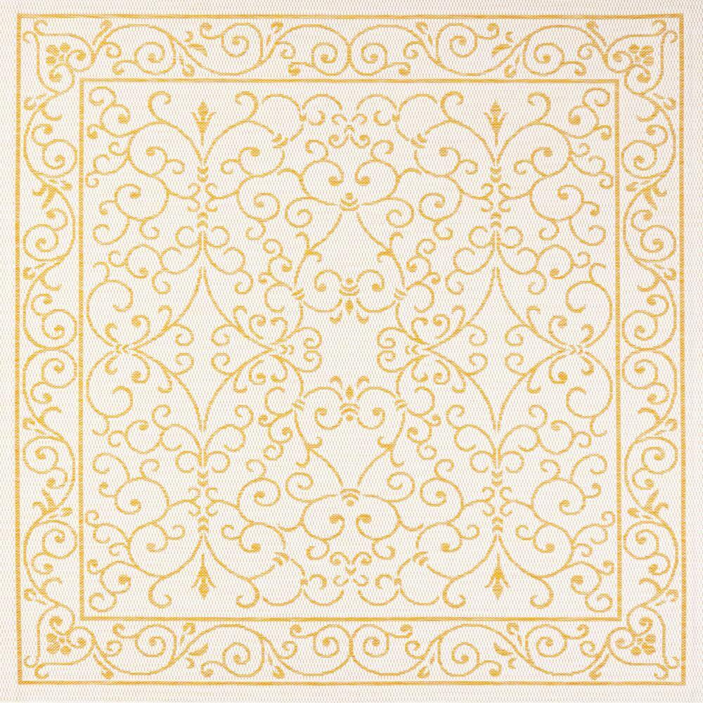 5' x 5' Charleston Vintage Filigree Textured Weave Indoor/Outdoor Area Rug, Cream/Yellow - JONATHAN Y