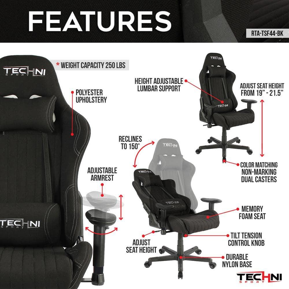 Techni Sport Techni Sport Adjustable Reclining Ergonomic Swiveling PC & Racing Game Chair in Black