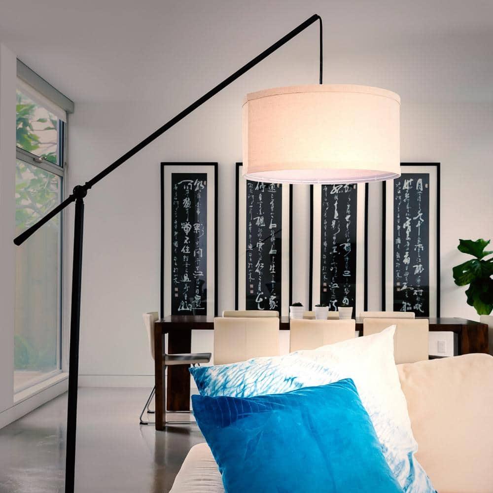 Brightech Hudson 70 in. Modern Height Adjustable LED Floor Lamp with Beige Fabric Drum Shade