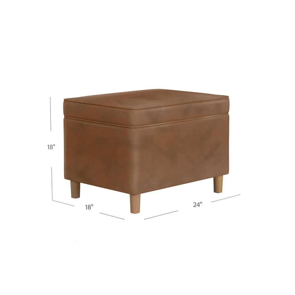 24" Dinah Storage Ottoman Brown Faux Leather - HomePop: Honey Oak Legs, Soft-Close Hinge, Footstool