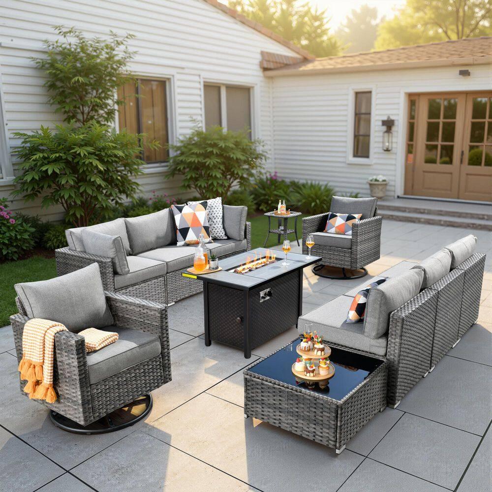 Ovios Venice 11pc Wicker Outdoor Patio Furniture Set Conversation Sofa with a Metal Fire Pit Swivel Chairs and Dark Gray Cushions