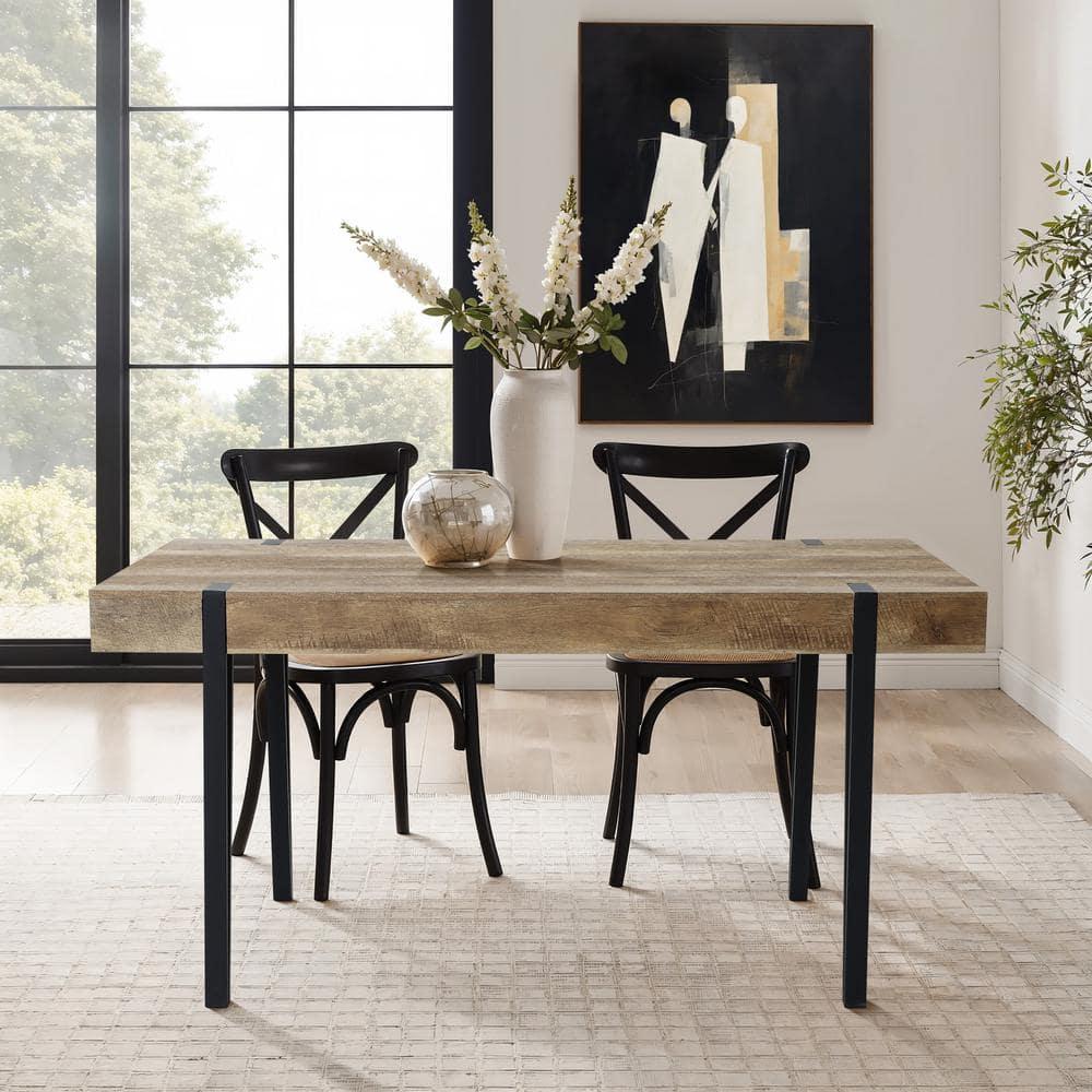 LuxenHome Oak Finish MDF Wood Black Metal Dining Table Brown