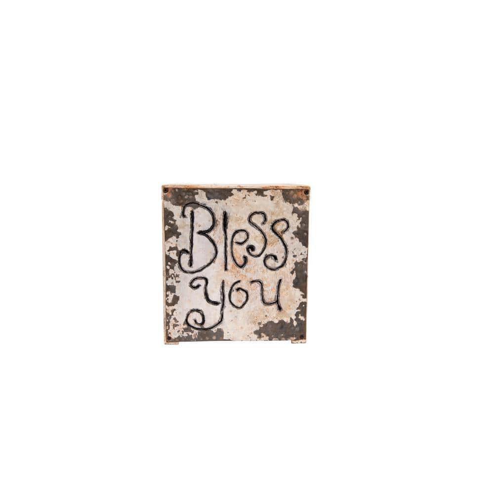 Creative Co-Op Wood & Metal "Bless You" Tissue Box Cover